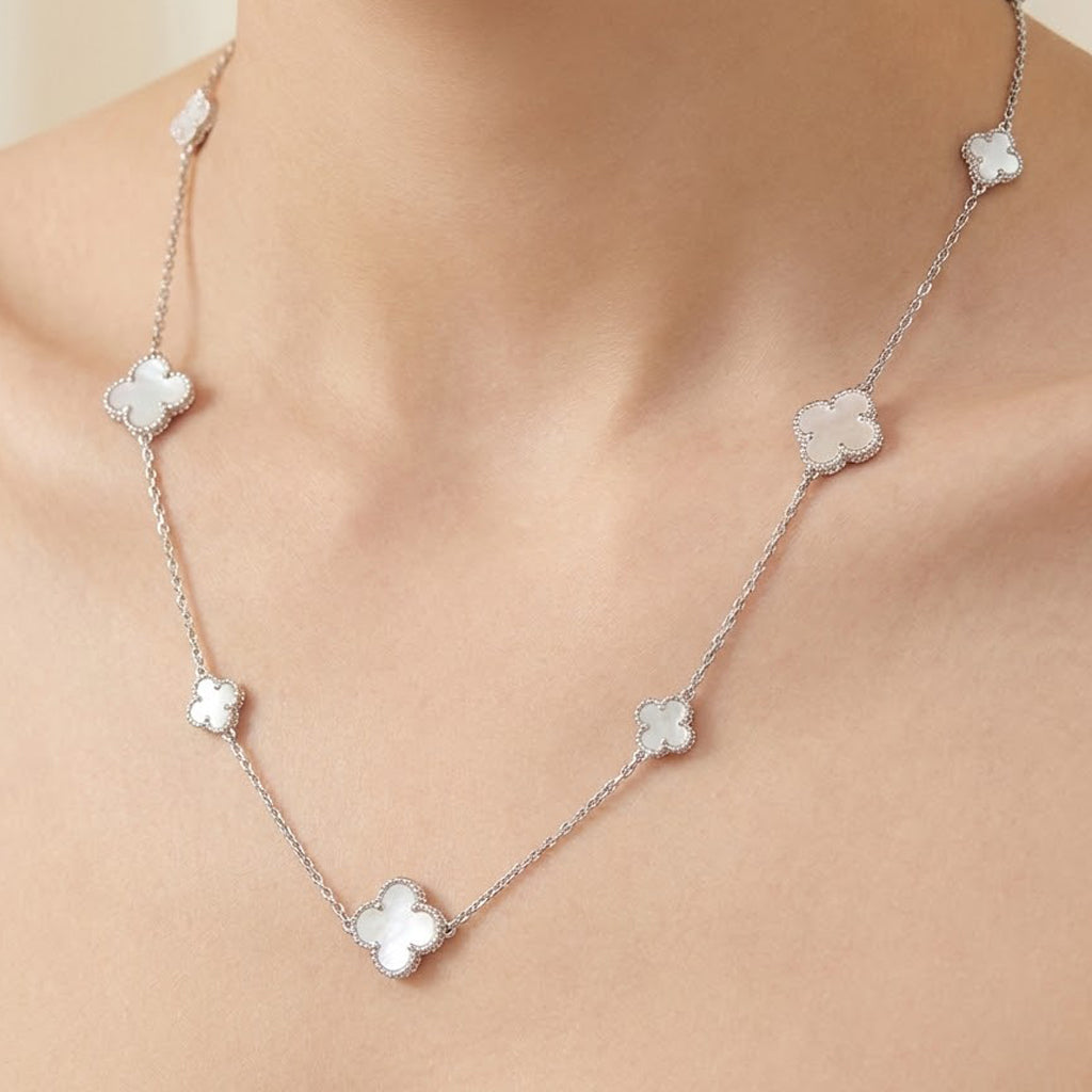 Collar Flores Inspirado Van C Largo Piedras Naturales Plata .925 con Baño de Rodio
