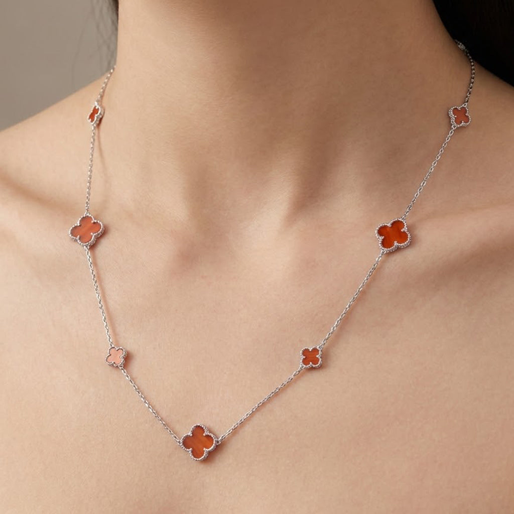 Collar Flores Inspirado Van C Largo Piedras Naturales Plata .925 con Baño de Rodio