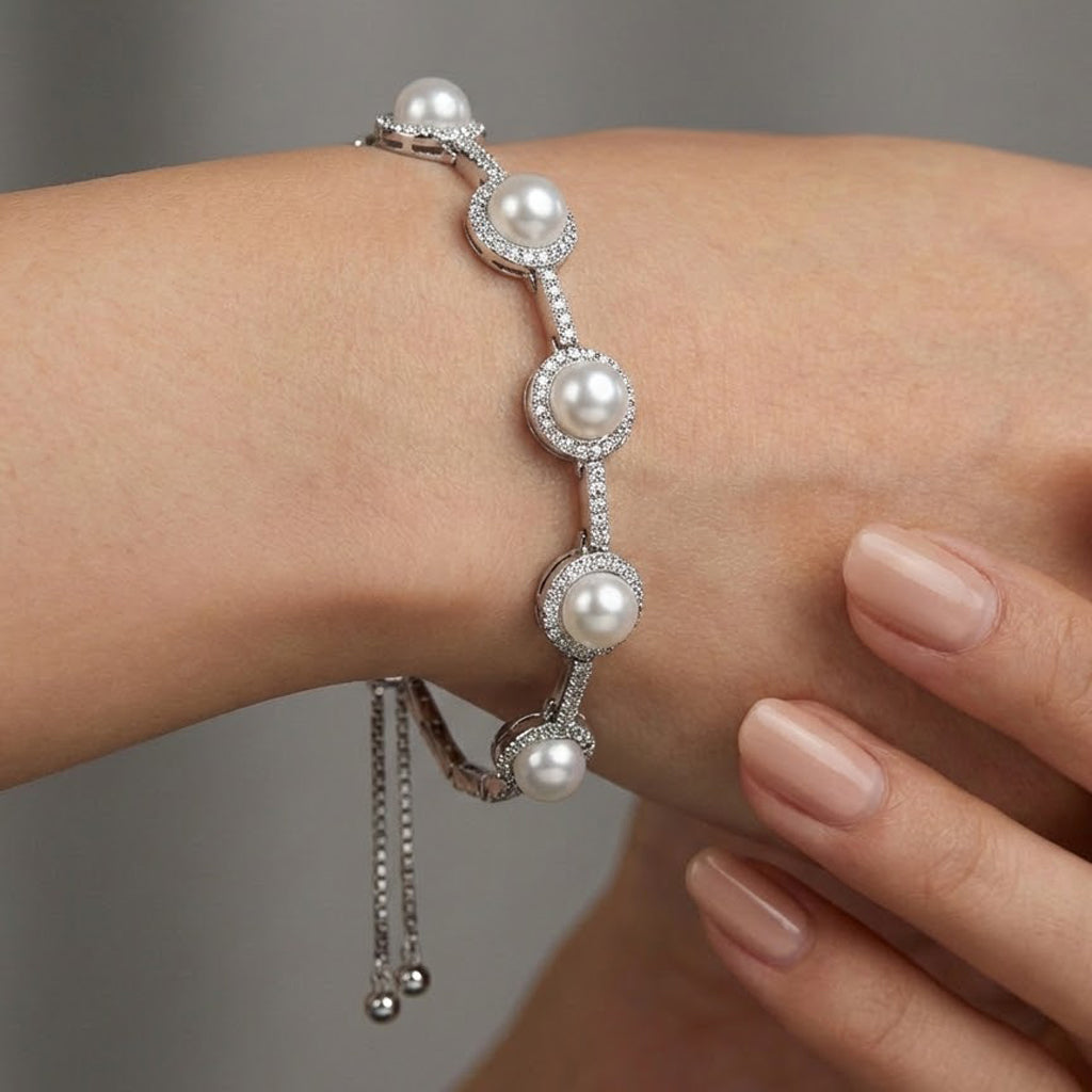 Pulsera Perla Natural Grande con Micro Circonias Plata .925 con Baño de Rodio