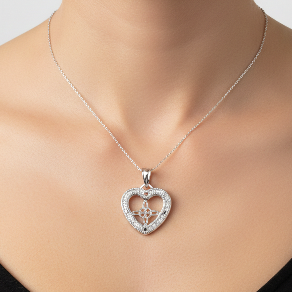 Dije de Corazon con Circonias y Nudo de Bruja de 2.5cm Plata .925
