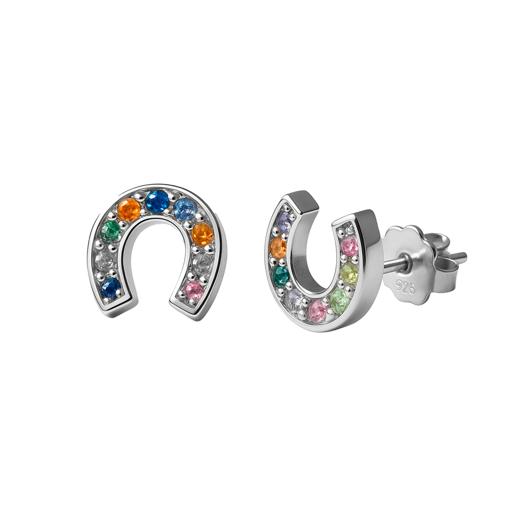 Arete Broquel Herradura con Circonias Multicolor Plata .925 con Baño de Rodio