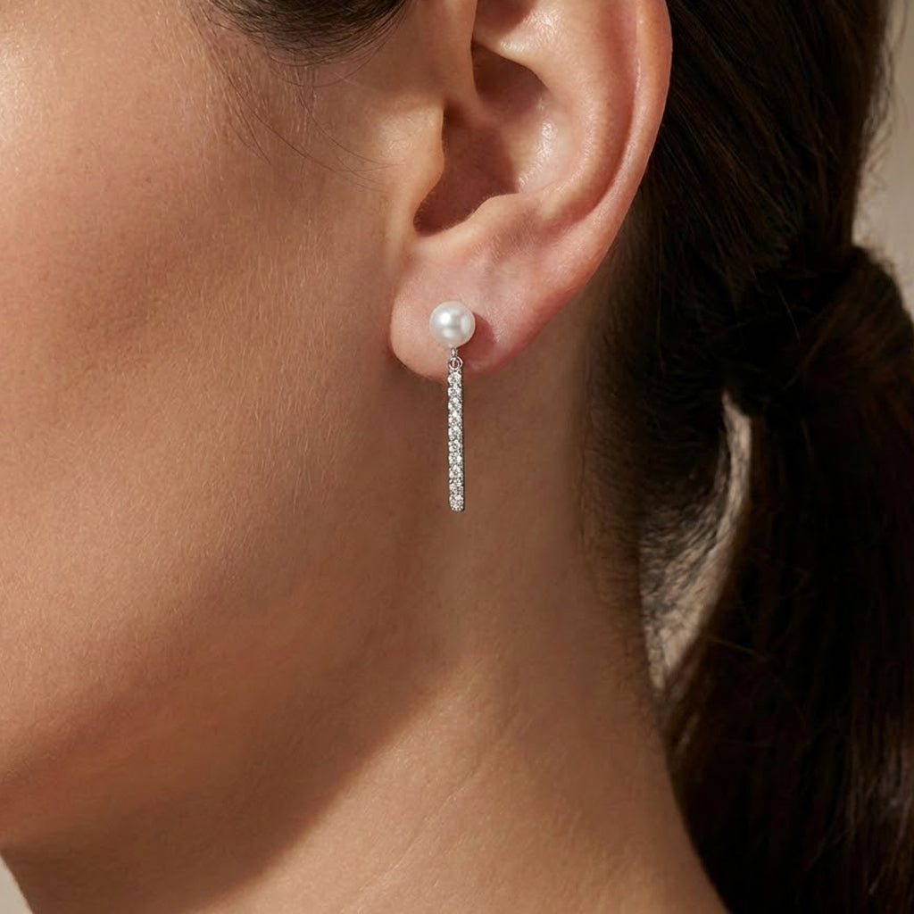 Arete Largo con Micro Circonias y Perla Natural Grande Plata .925