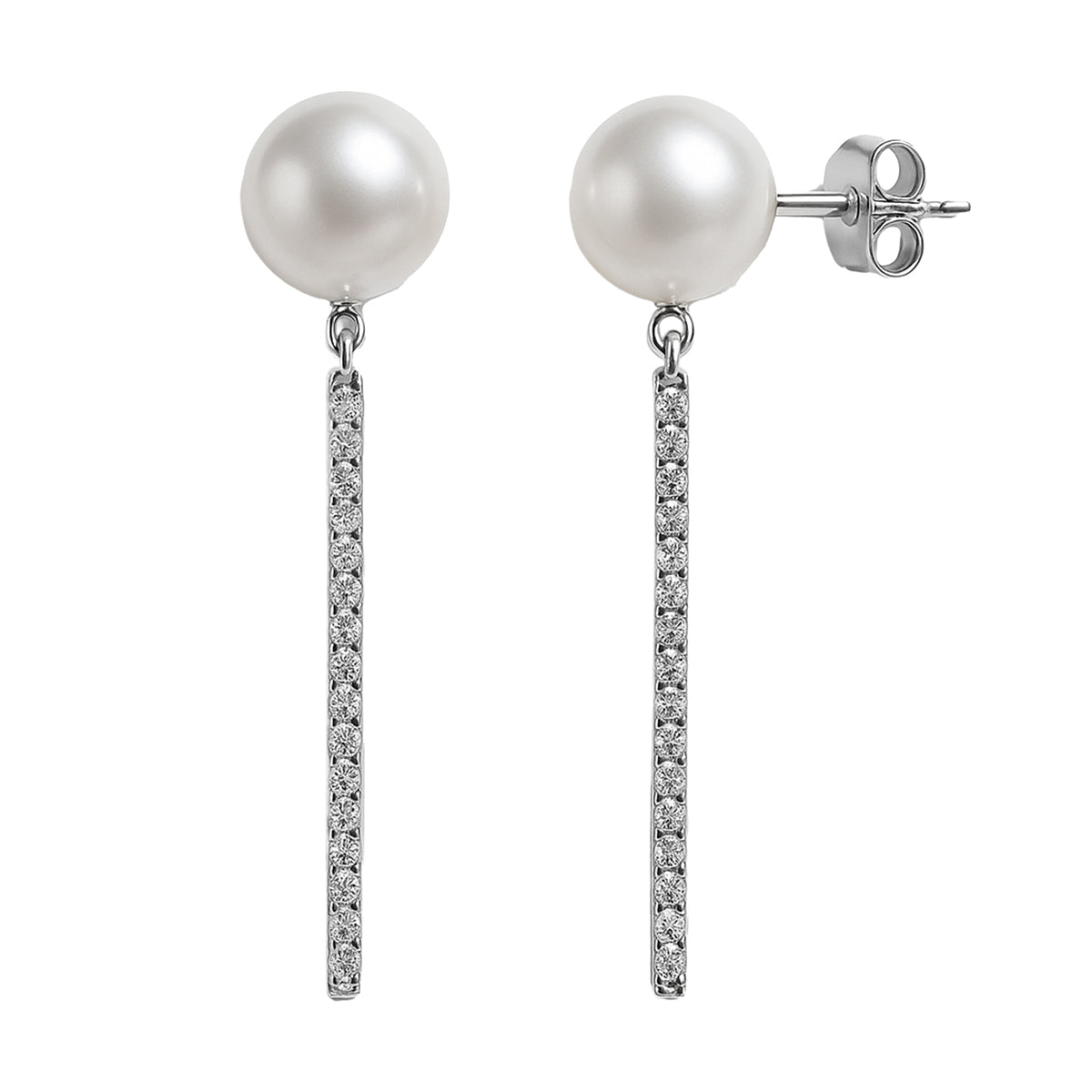 Arete Largo con Micro Circonias y Perla Natural Grande Plata .925