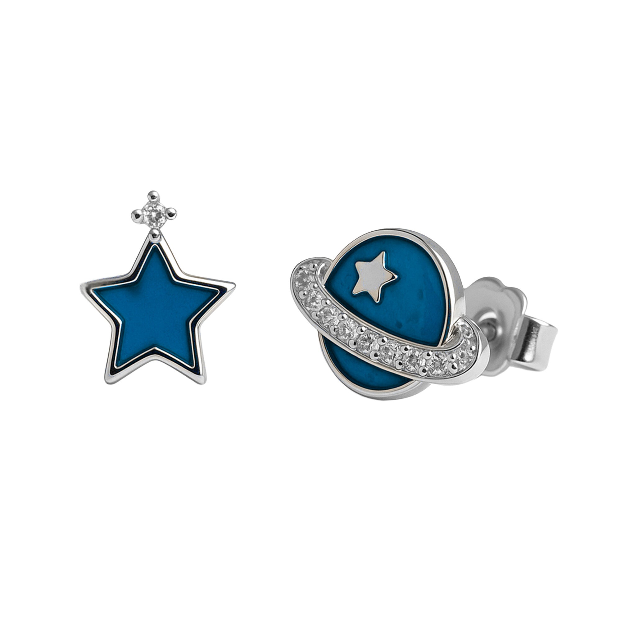 Arete Broquel Planeta y Estrella Esmaltada Plata .925 con Baño de Rodio