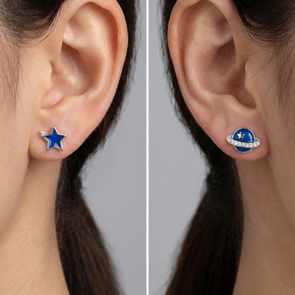Arete Broquel Planeta y Estrella Esmaltada Plata .925 con Baño de Rodio