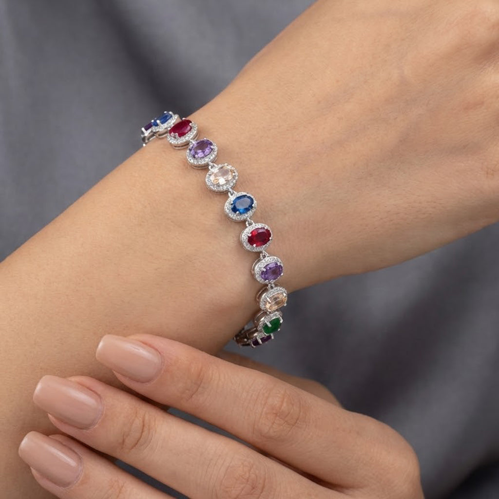 Pulsera Circonias en Forma Gota y Micro Circonias Plata .925 con Baño de Rodio