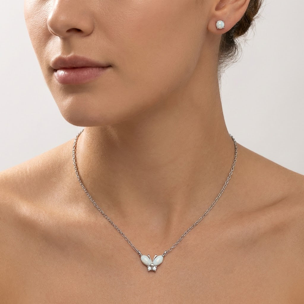 Juego Piedra Ópalo Mariposa Plata .925 con Baño de Rodio