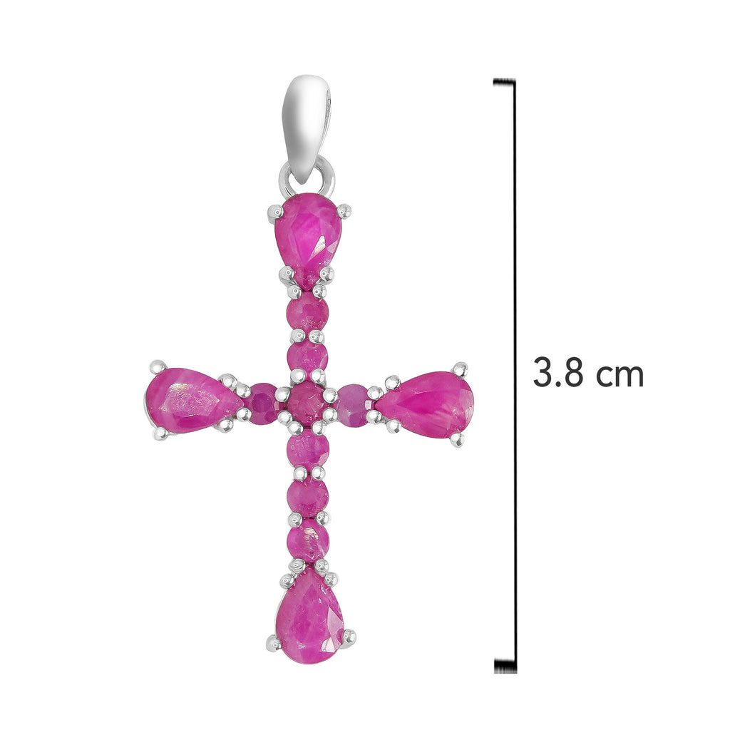 Dije Cruz Piedras Preciosas Rubí, Plata .925 con Baño de Rodio. Tamaño 3.8 cm