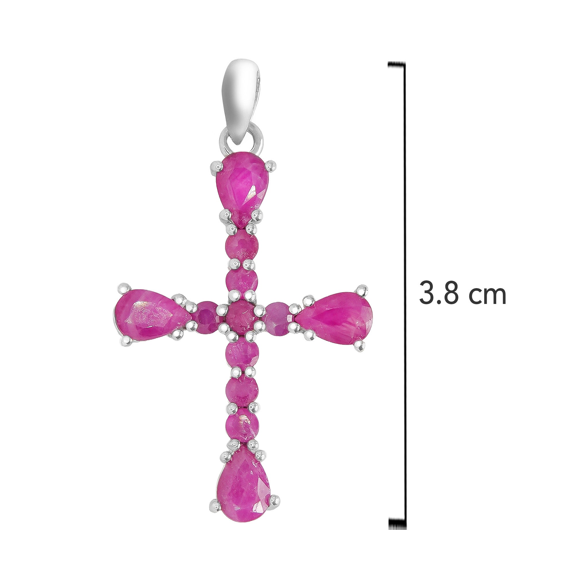Dije Cruz Piedras Preciosas Rubí, Plata .925 con Baño de Rodio. Tamaño 3.8 cm