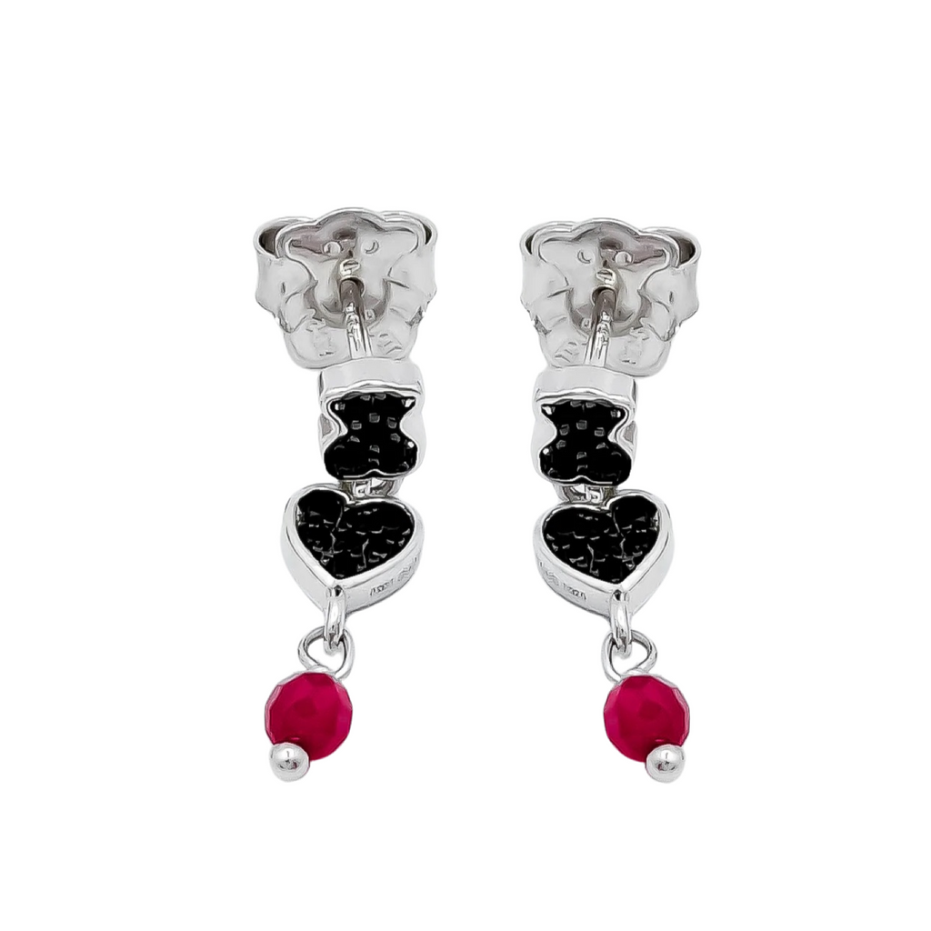 Arete Oso 1.1 Con Corazón Circonias  Negras y Ágata Rosa, Plata 925 con Baño de Rodio