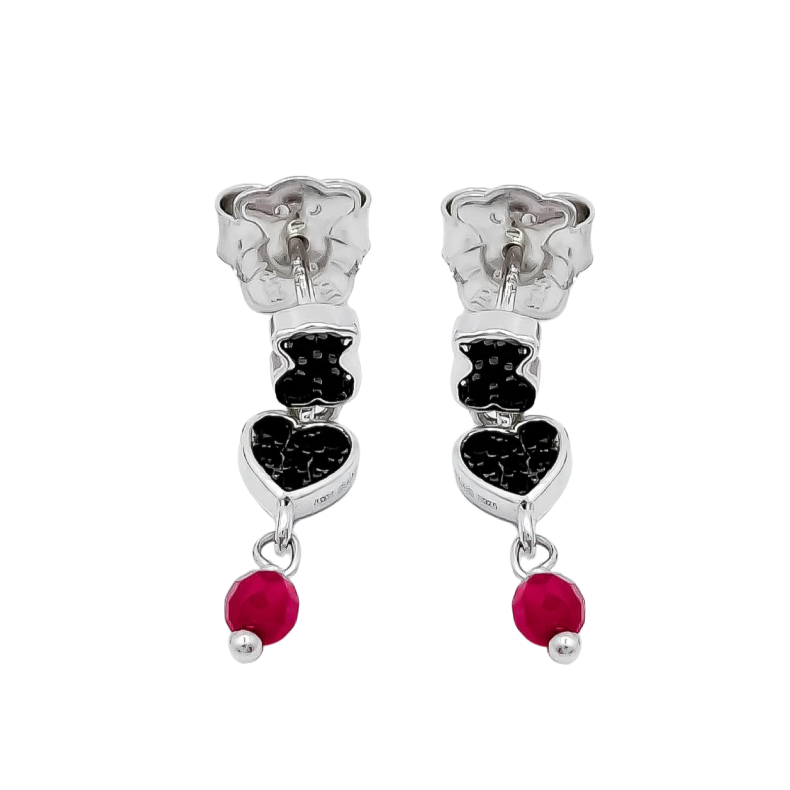 Arete Oso 1.1 Con Corazón Circonias  Negras y Ágata Rosa, Plata 925 con Baño de Rodio