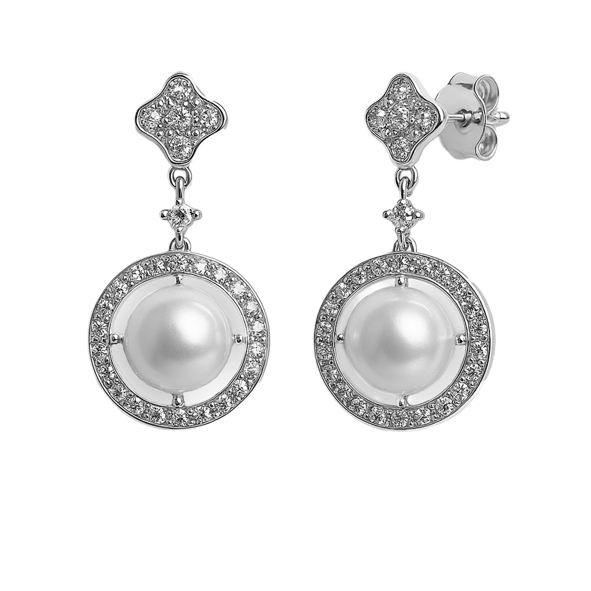 Arete Mediano Inspirado Van C con Perla Natural y Micro Circonias Plata .925