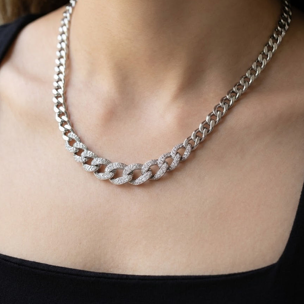 Collar Estilo Cubano con Micro Circonias Plata .925 con Baño de Rodio