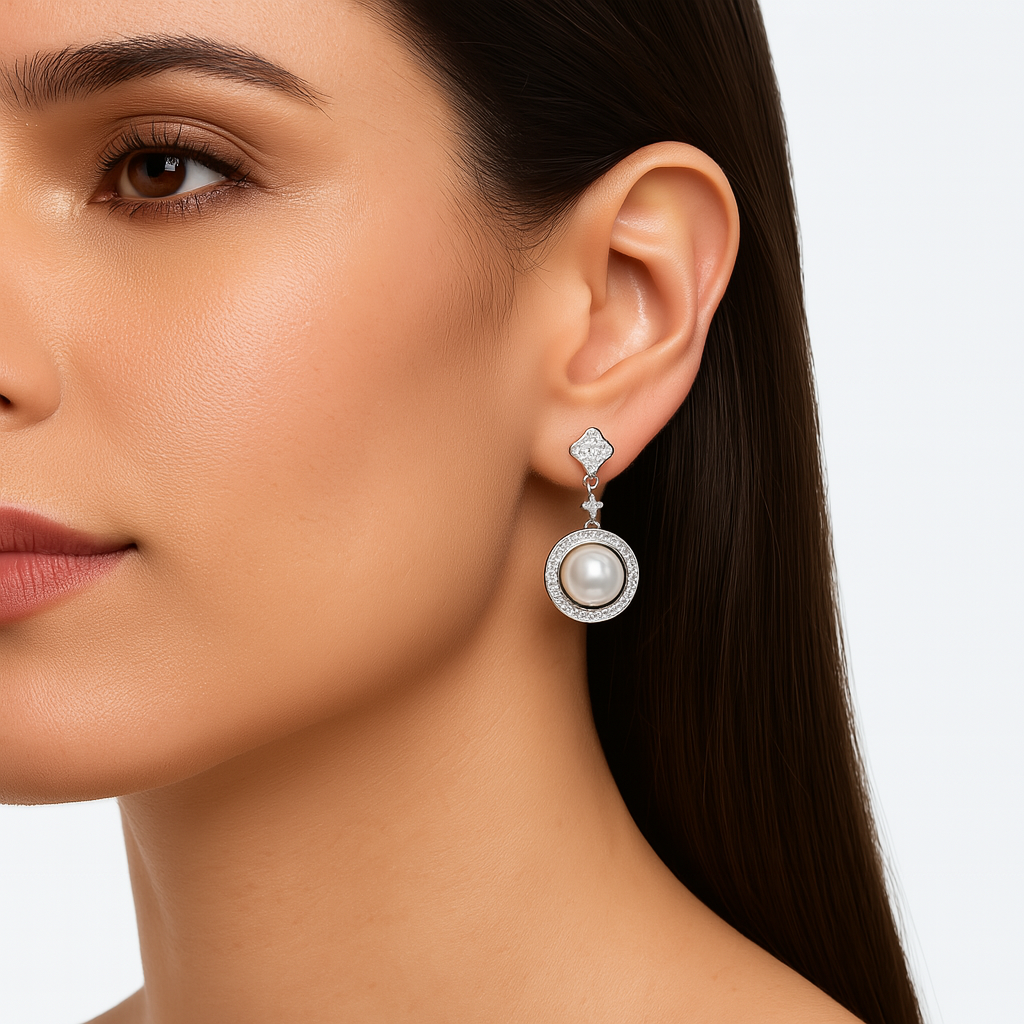 Arete Mediano Inspirado Van C con Perla Natural y Micro Circonias Plata .925