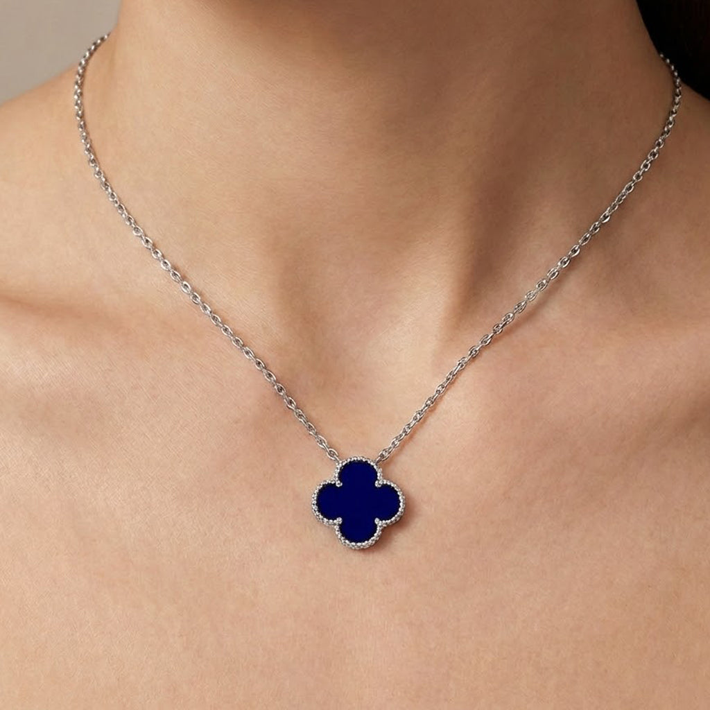Collar Flor 1 cm Inspirado Van C Piedras Naturales Plata .925 con Baño de Rodio