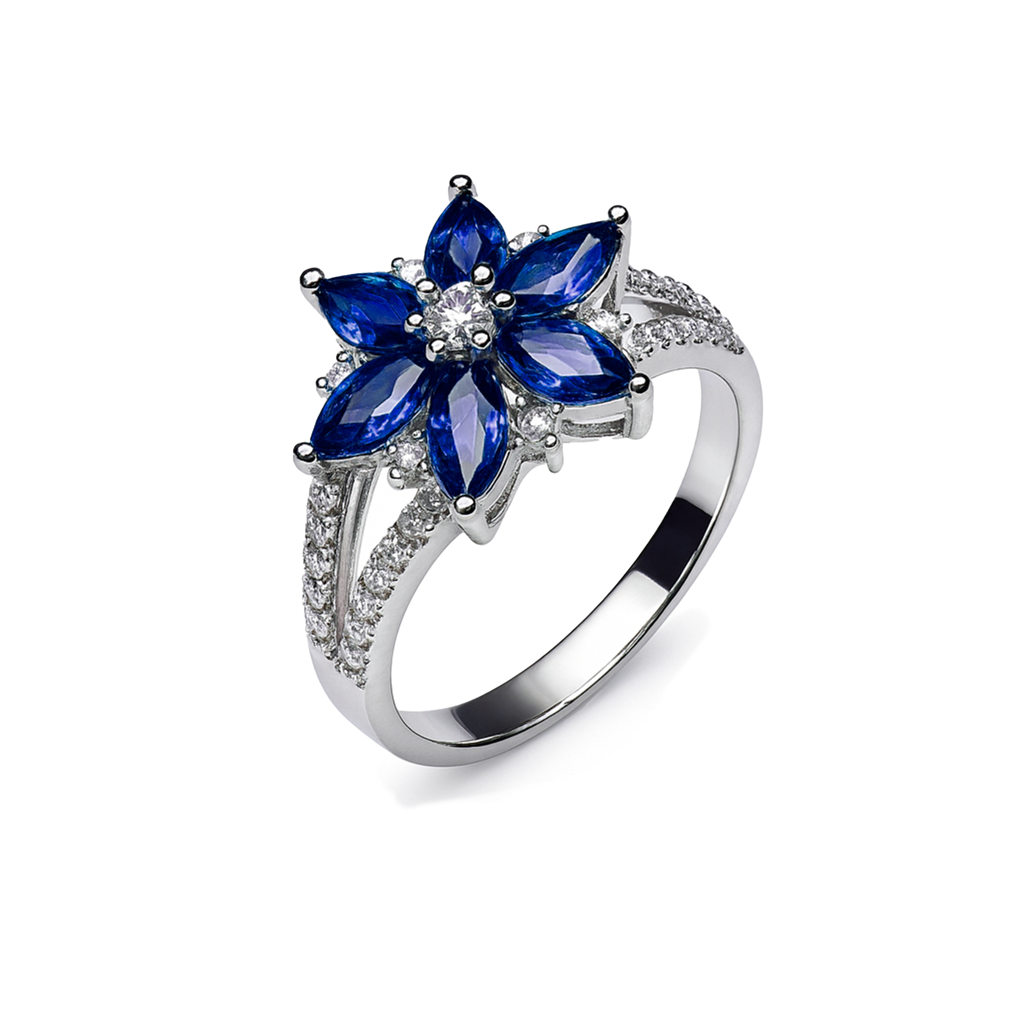 Anillo Flor con Circonias y Micro Circonias Plata .925 con Baño de Rodio