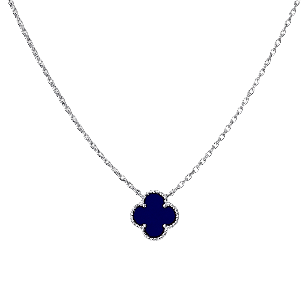 Collar Flor 1 cm Inspirado Van C Piedras Naturales Plata .925 con Baño de Rodio