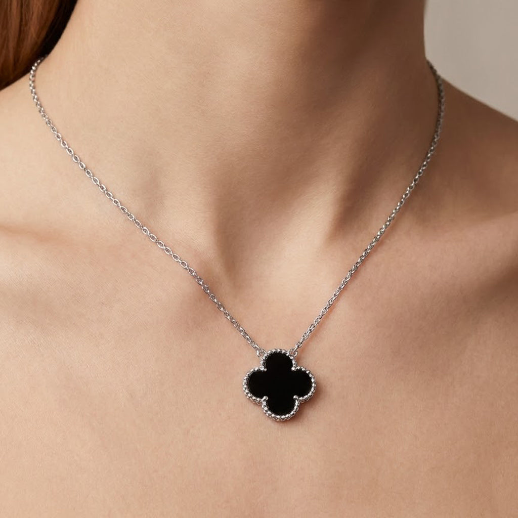 Collar Flor 1 cm Inspirado Van C Piedras Naturales Plata .925 con Baño de Rodio