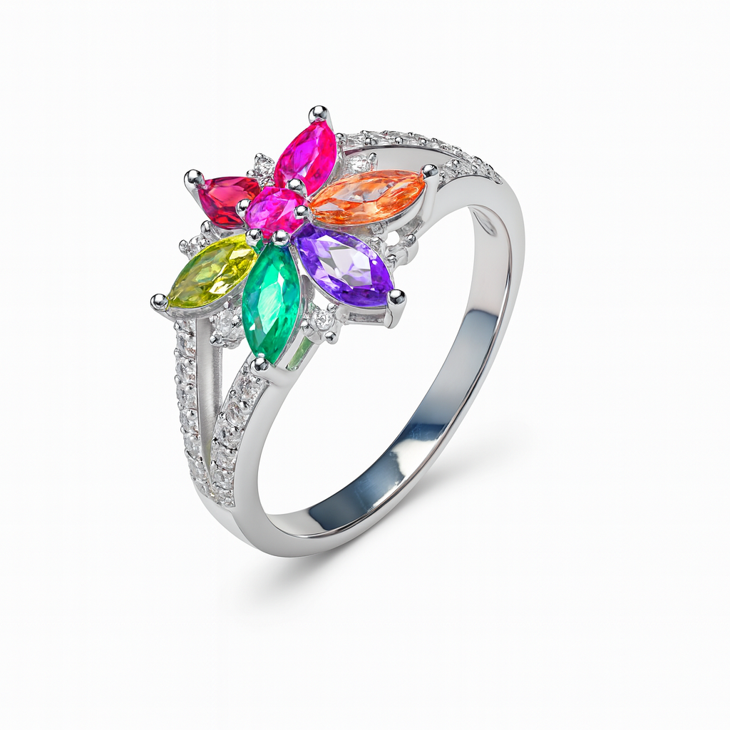 Anillo Flor con Circonias y Micro Circonias Plata .925 con Baño de Rodio