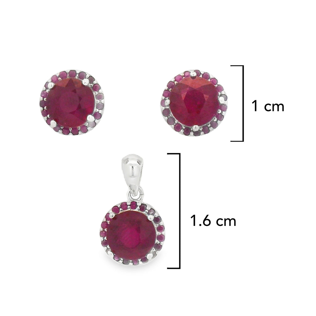 Juego Piedra Preciosa Rubí Aretes y Dije, Plata .925 con Baño de Rodio