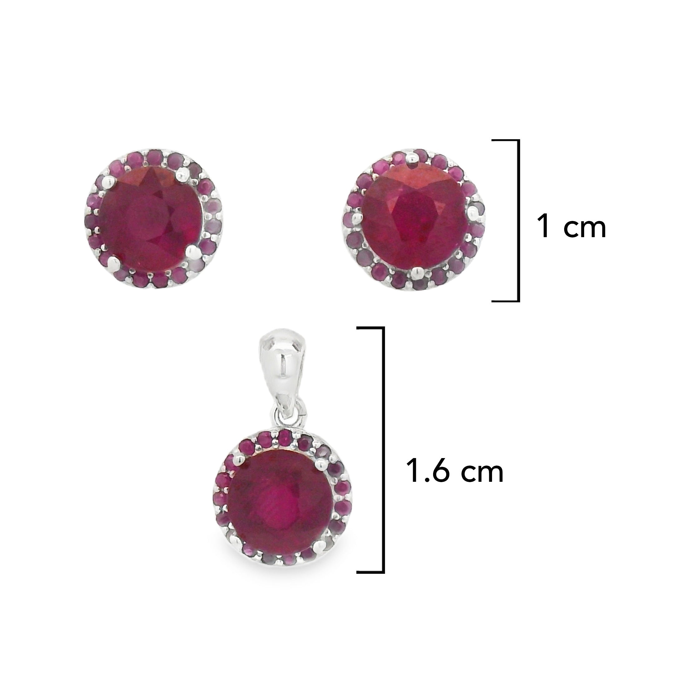 Juego Piedra Preciosa Rubí Aretes y Dije, Plata .925 con Baño de Rodio