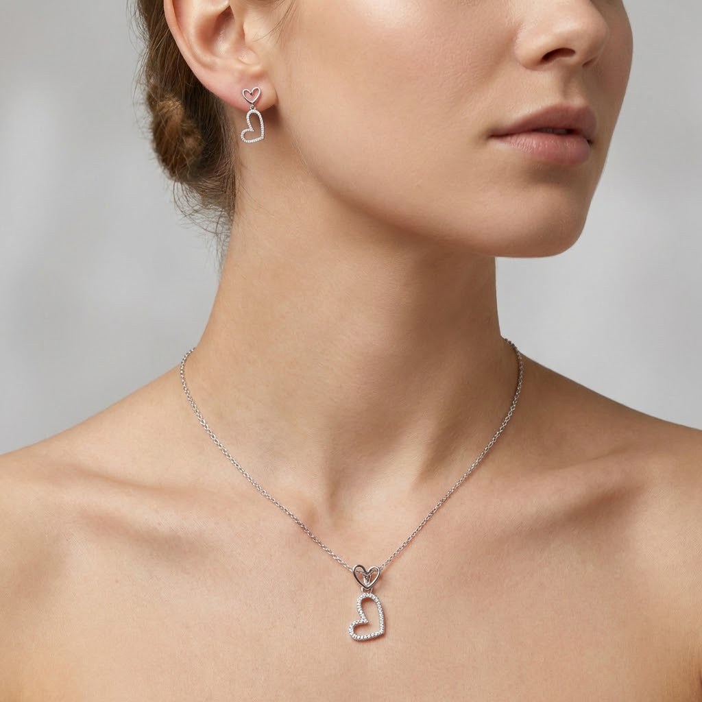 Juego Doble Silueta de Corazón con Micro Circonias Plata .925 con Baño de Rodio