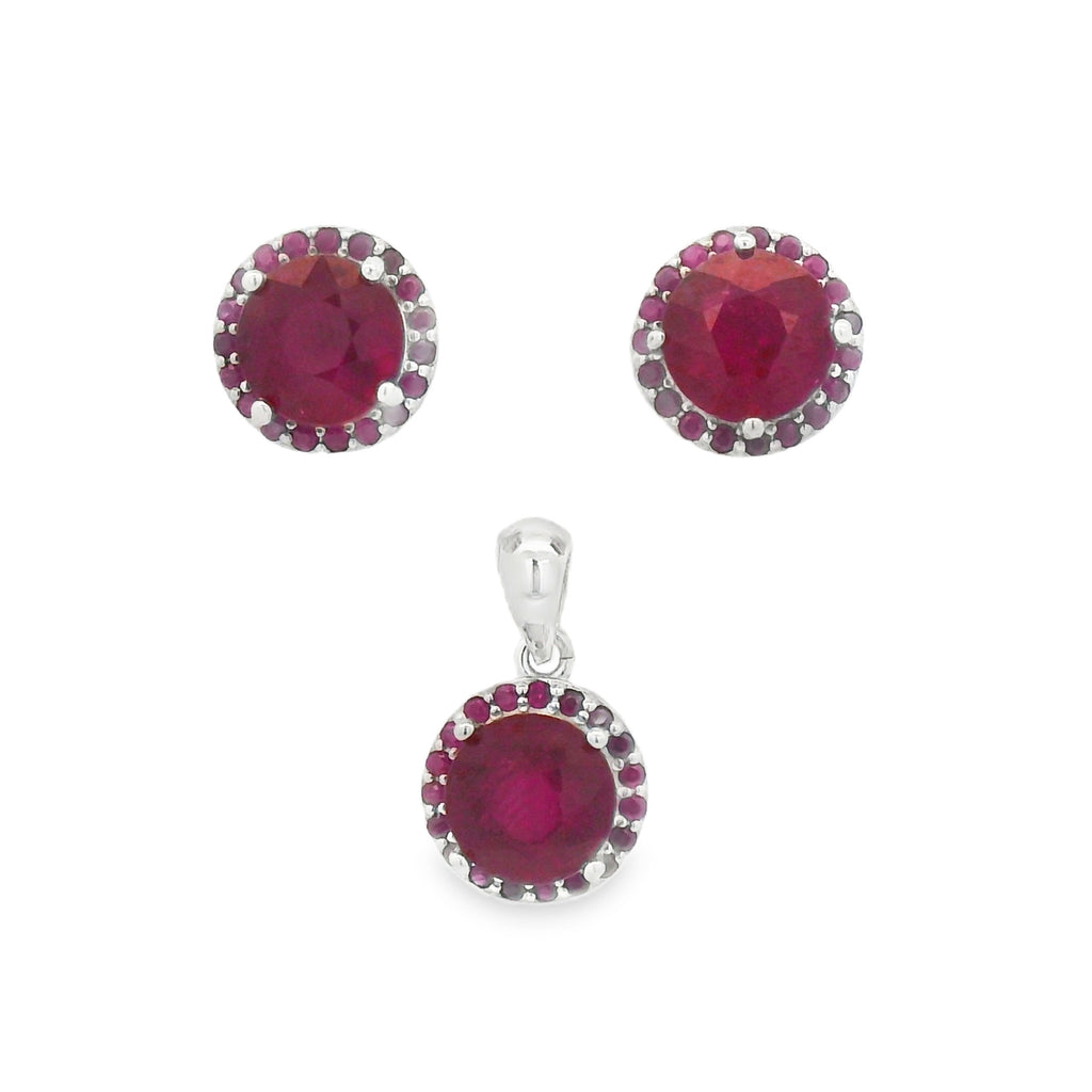 Juego Piedra Preciosa Rubí Aretes y Dije, Plata .925 con Baño de Rodio