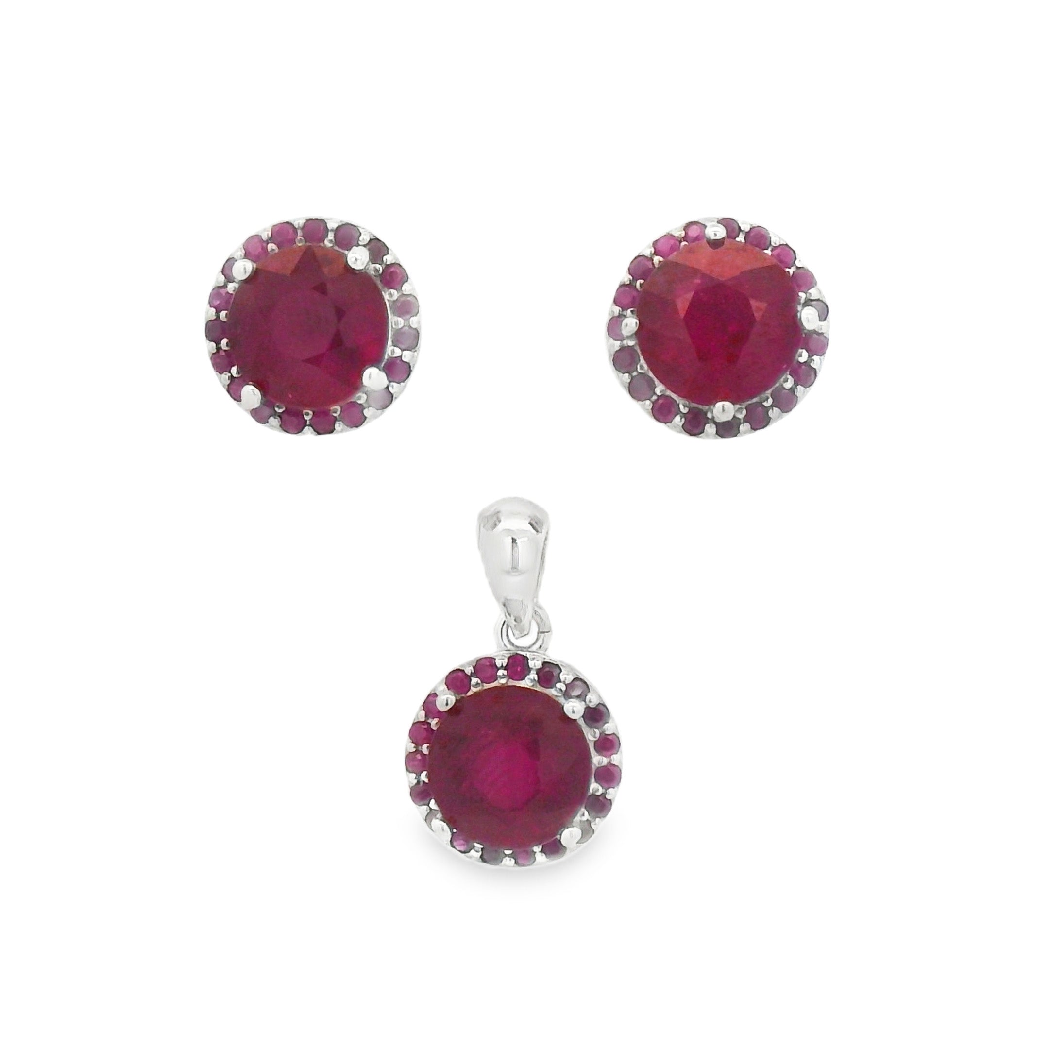 Juego Piedra Preciosa Rubí Aretes y Dije, Plata .925 con Baño de Rodio