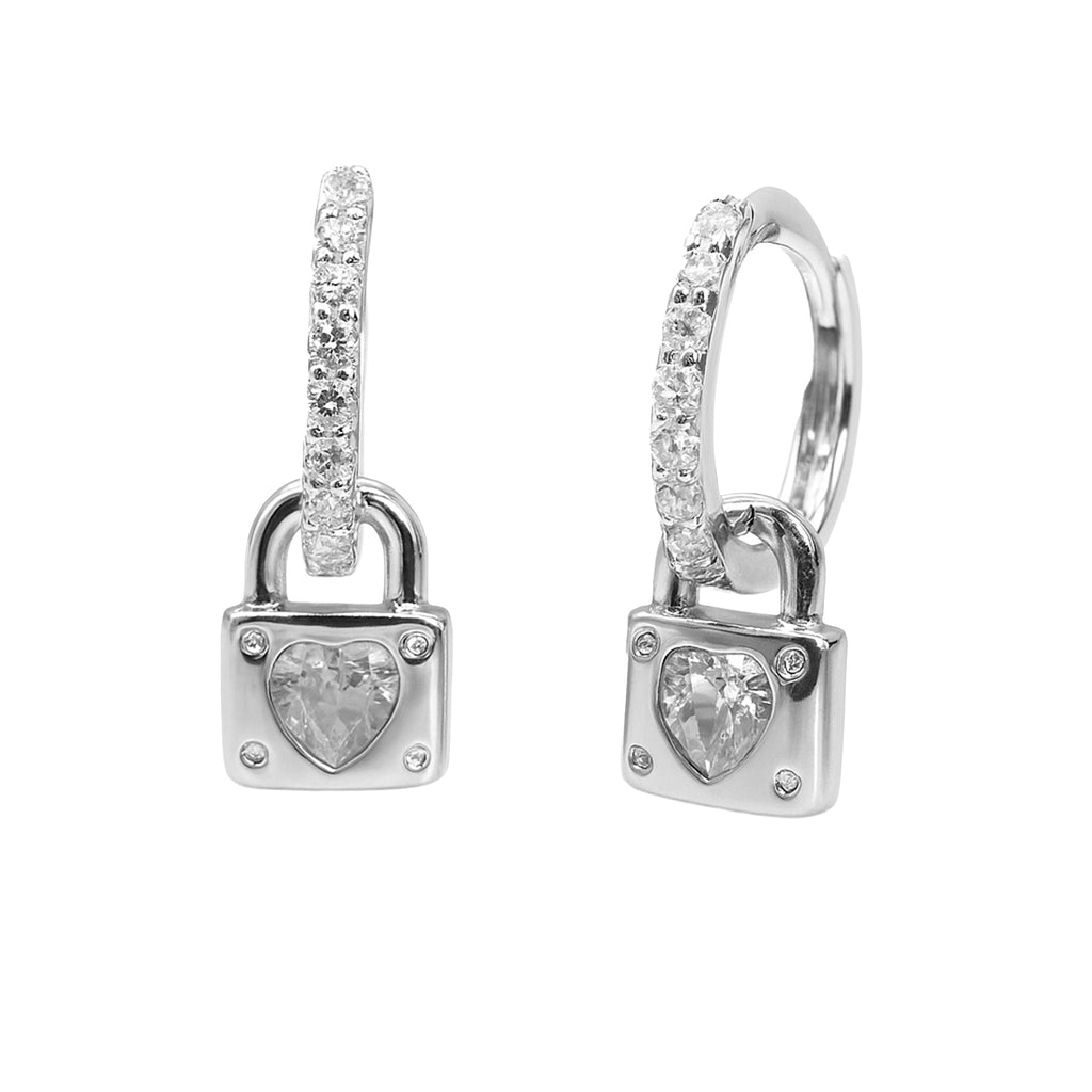 Arracada Huggies Dije de Candado con Circonia y Micro Circonias Plata .925 con Baño de Rodio