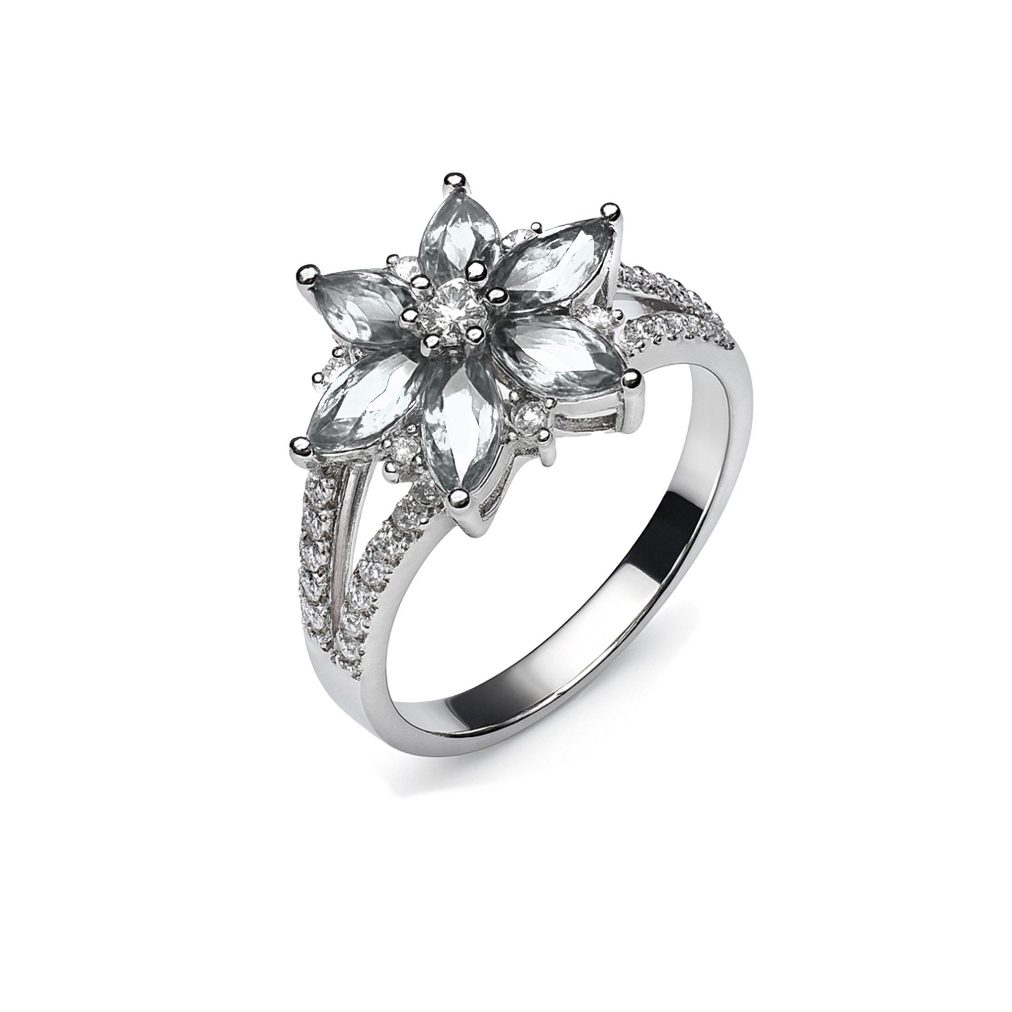 Anillo Flor con Circonias y Micro Circonias Plata .925 con Baño de Rodio