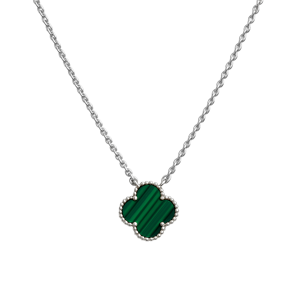 Collar Flor 1 cm Inspirado Van C Piedras Naturales Plata .925 con Baño de Rodio