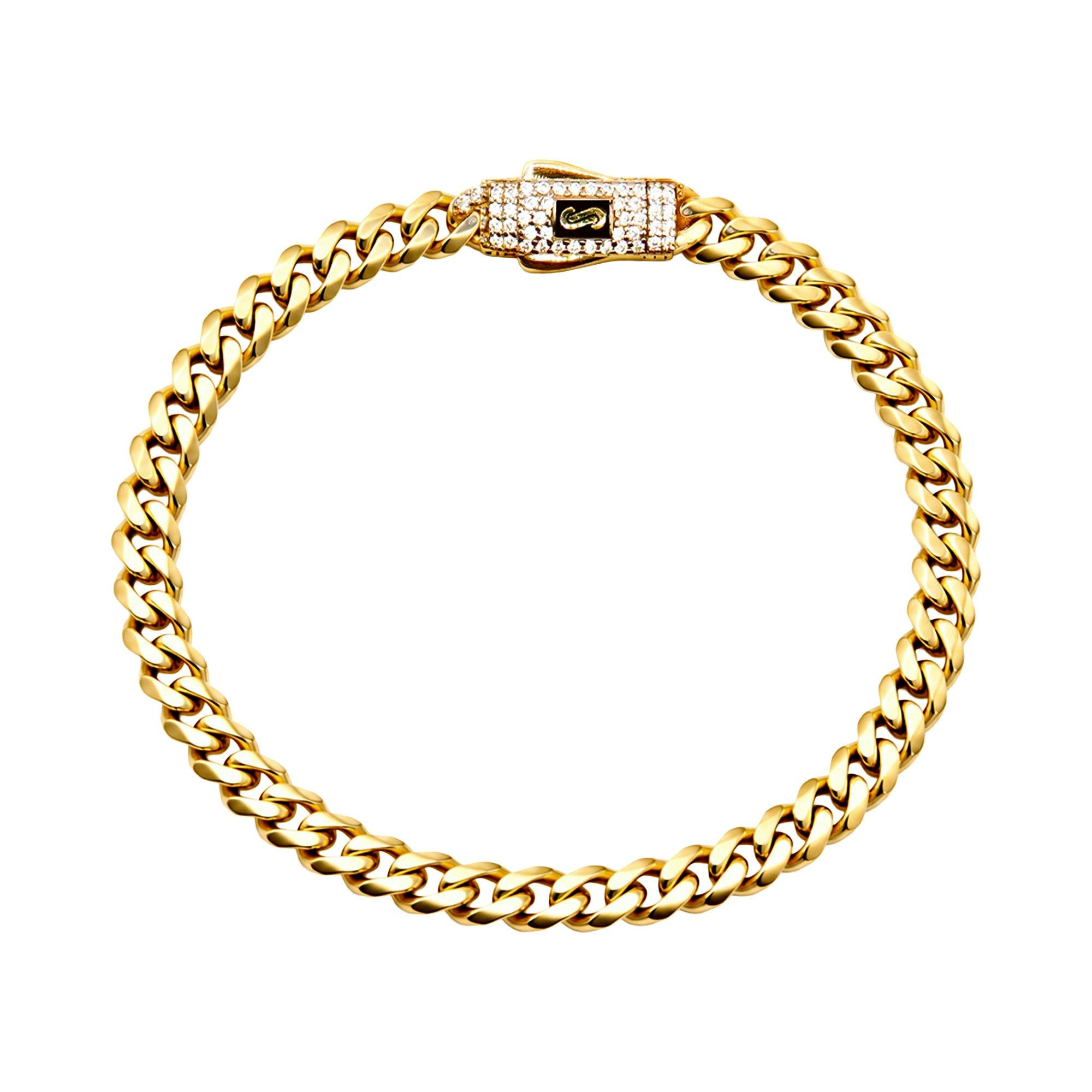 Pulsera Mónaco Chain Original Cubana Lisa 5mm 20 cm. Broche Circonias Oro 14K