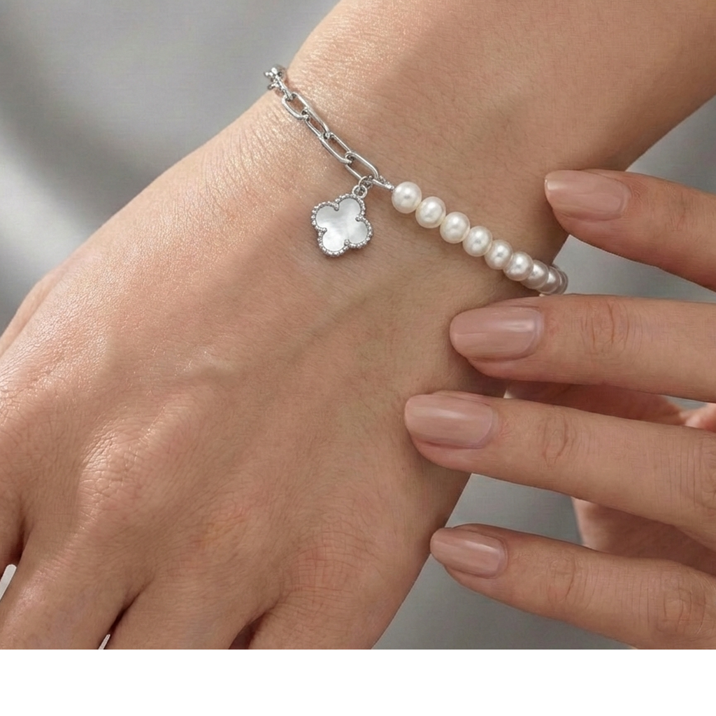 Pulsera Flor Chica Inspirada Van C con Piedras Naturales Plata .925 con Baño de Rodio