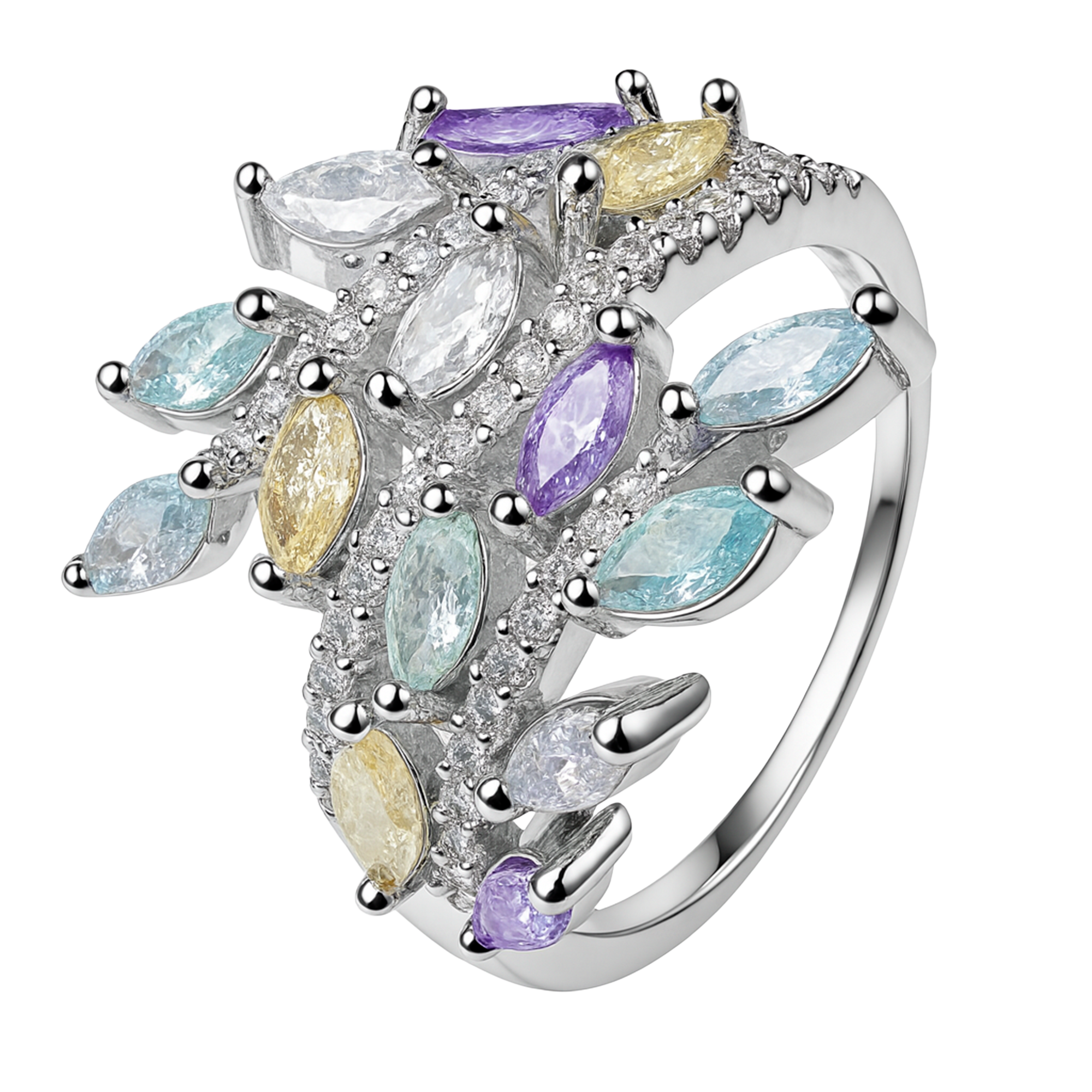 Anillo Circonia Piedras Ice con Micro Circonias Plata .925 con Baño de Rodio