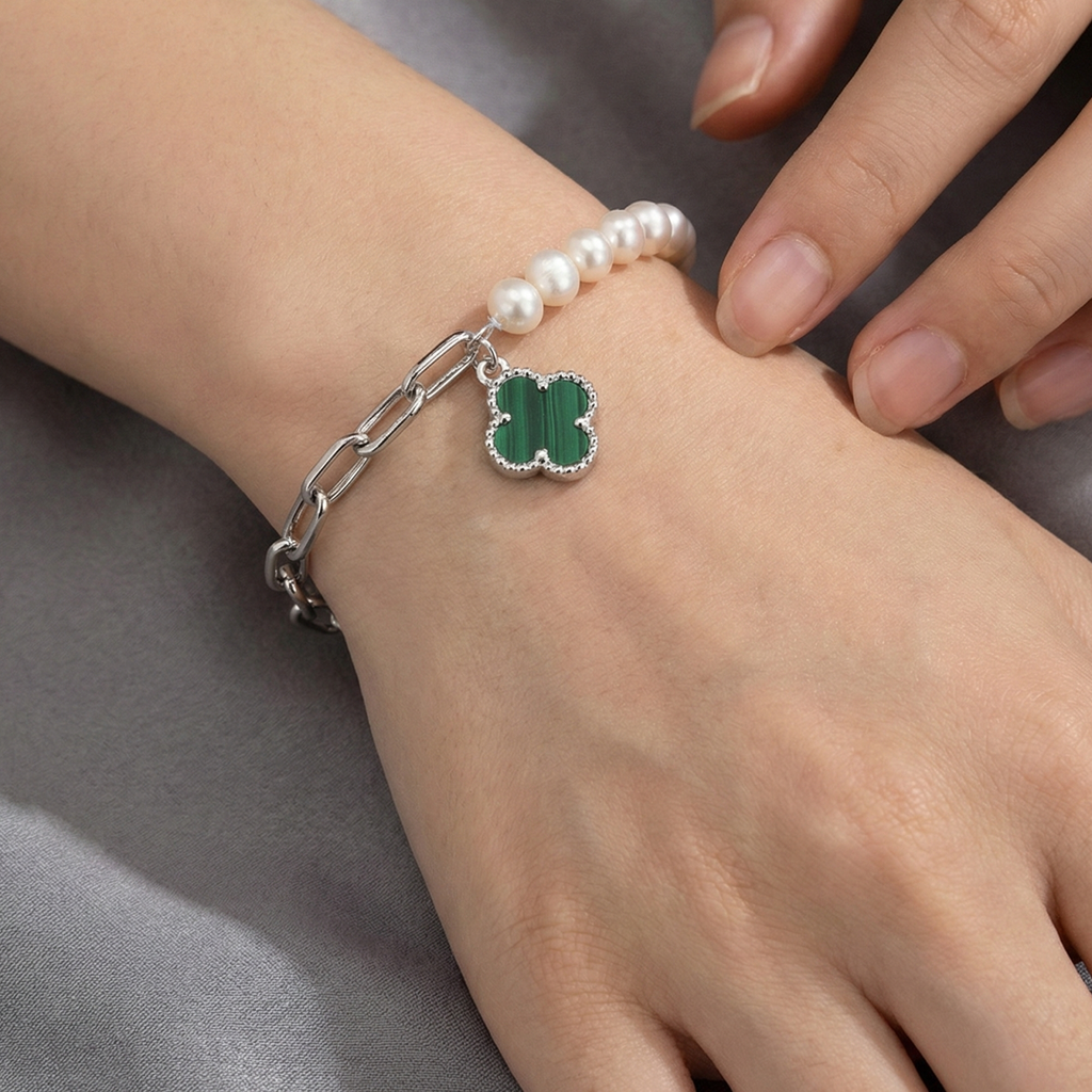 Pulsera Flor Chica Inspirada Van C con Piedras Naturales Plata .925 con Baño de Rodio