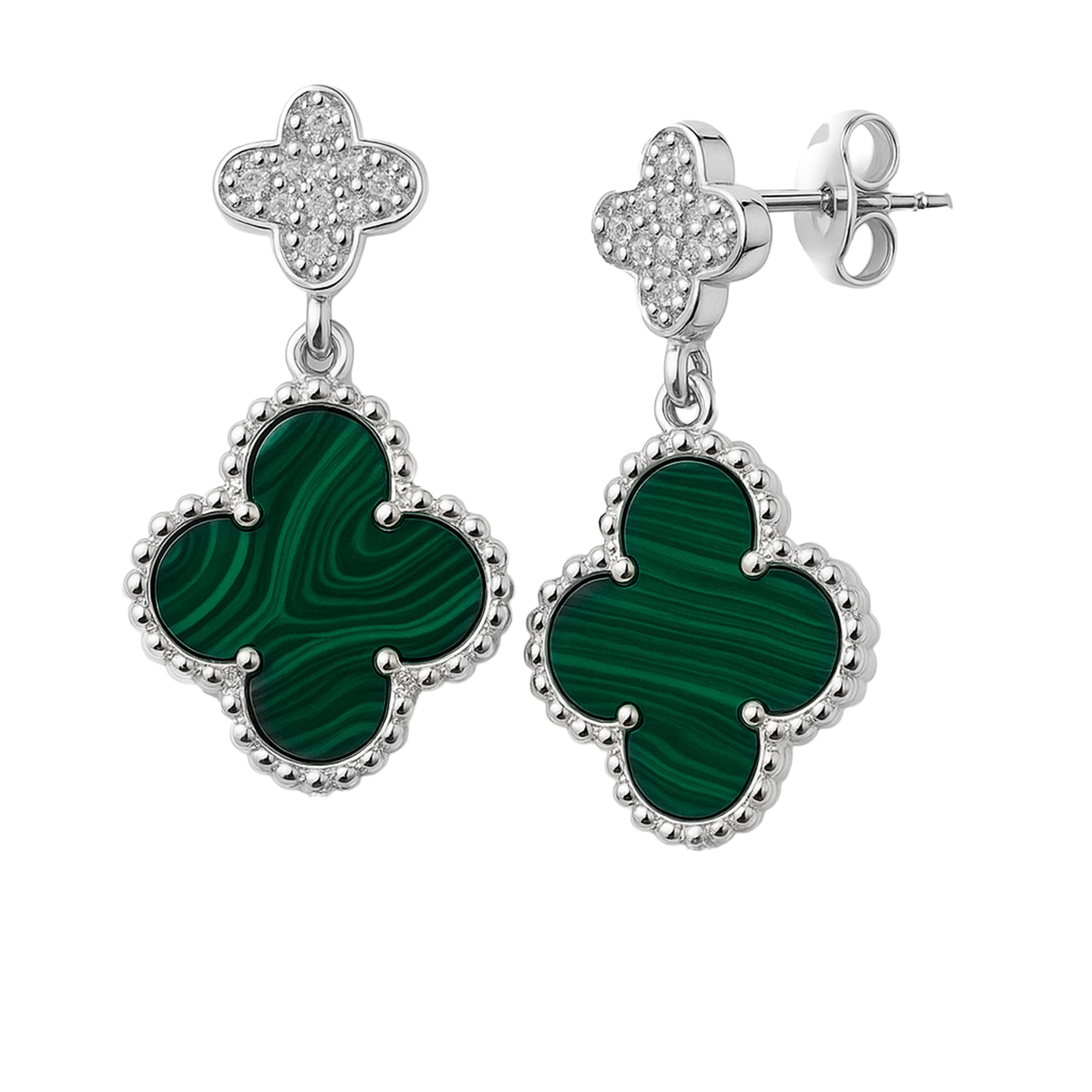 Arete Flor Mediano Inspirado Van C Diamantado con Piedras Naturales Plata .925 con Baño de Rodio