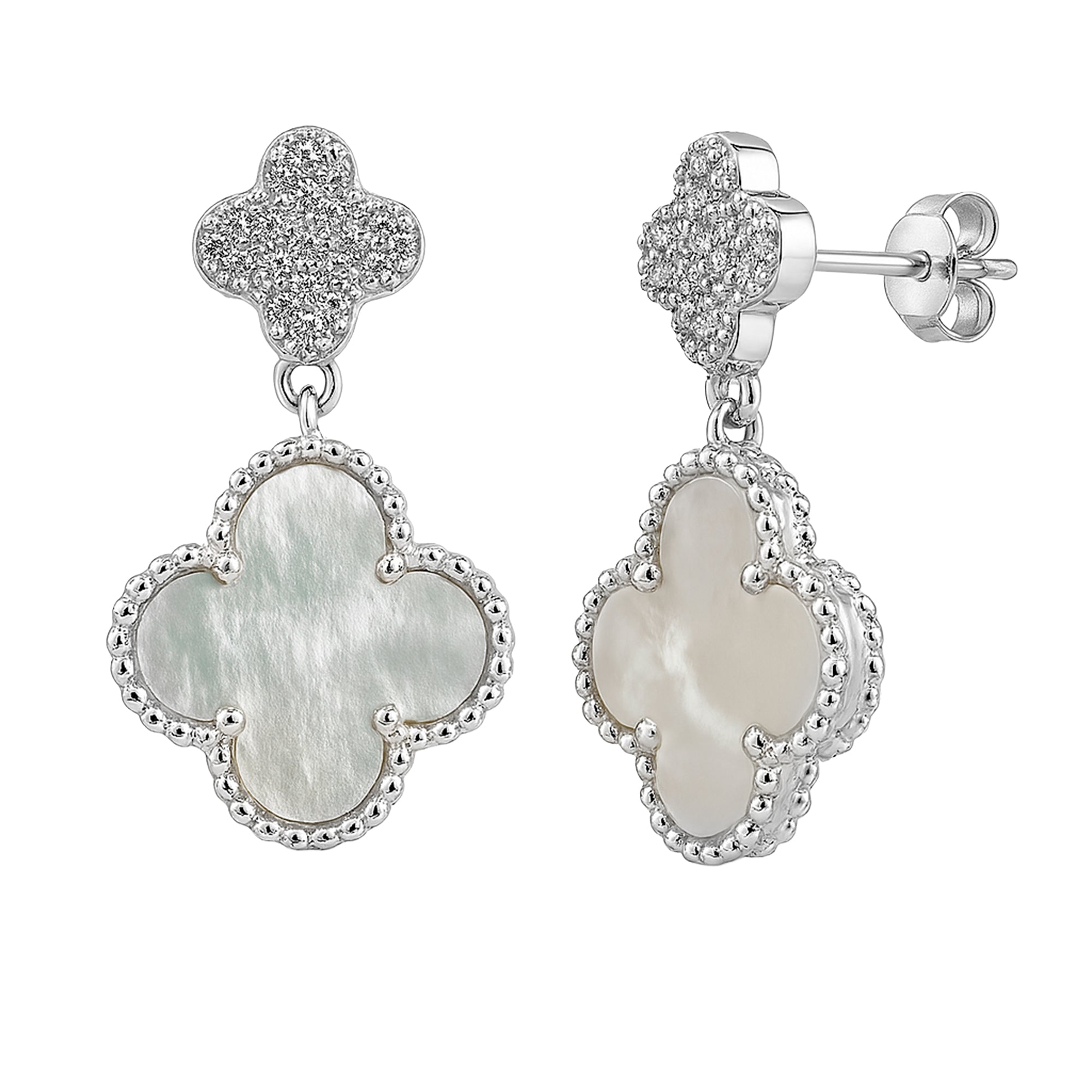 Arete Flor Mediano Inspirado Van C Diamantado con Piedras Naturales Plata .925 con Baño de Rodio