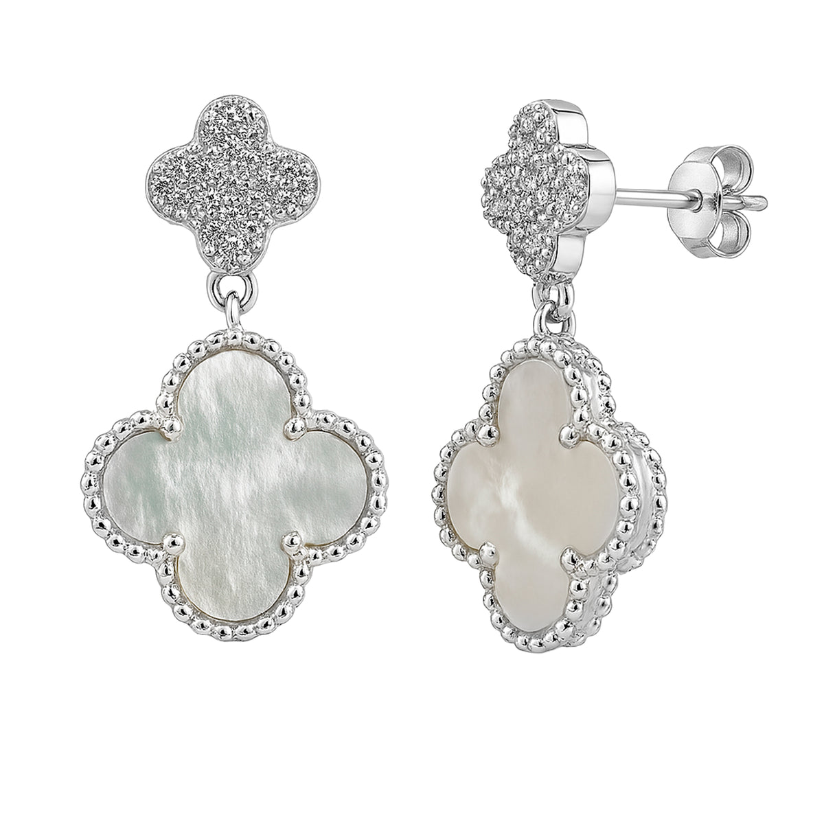 Arete Flor Mediano Inspirado Van C Diamantado con Madre Perla, Plata .925 con Baño de Rodio