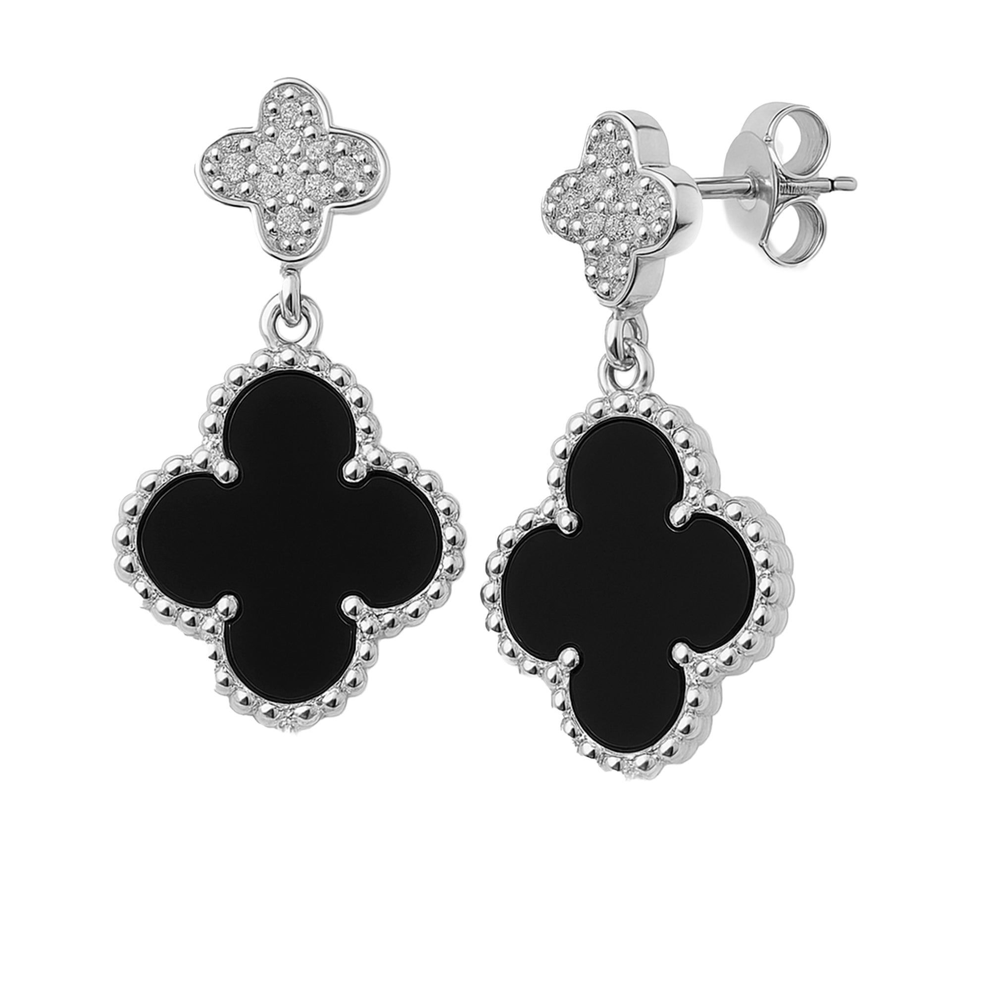 Arete Flor Mediano Inspirado Van C Diamantado con Piedras Naturales Plata .925 con Baño de Rodio