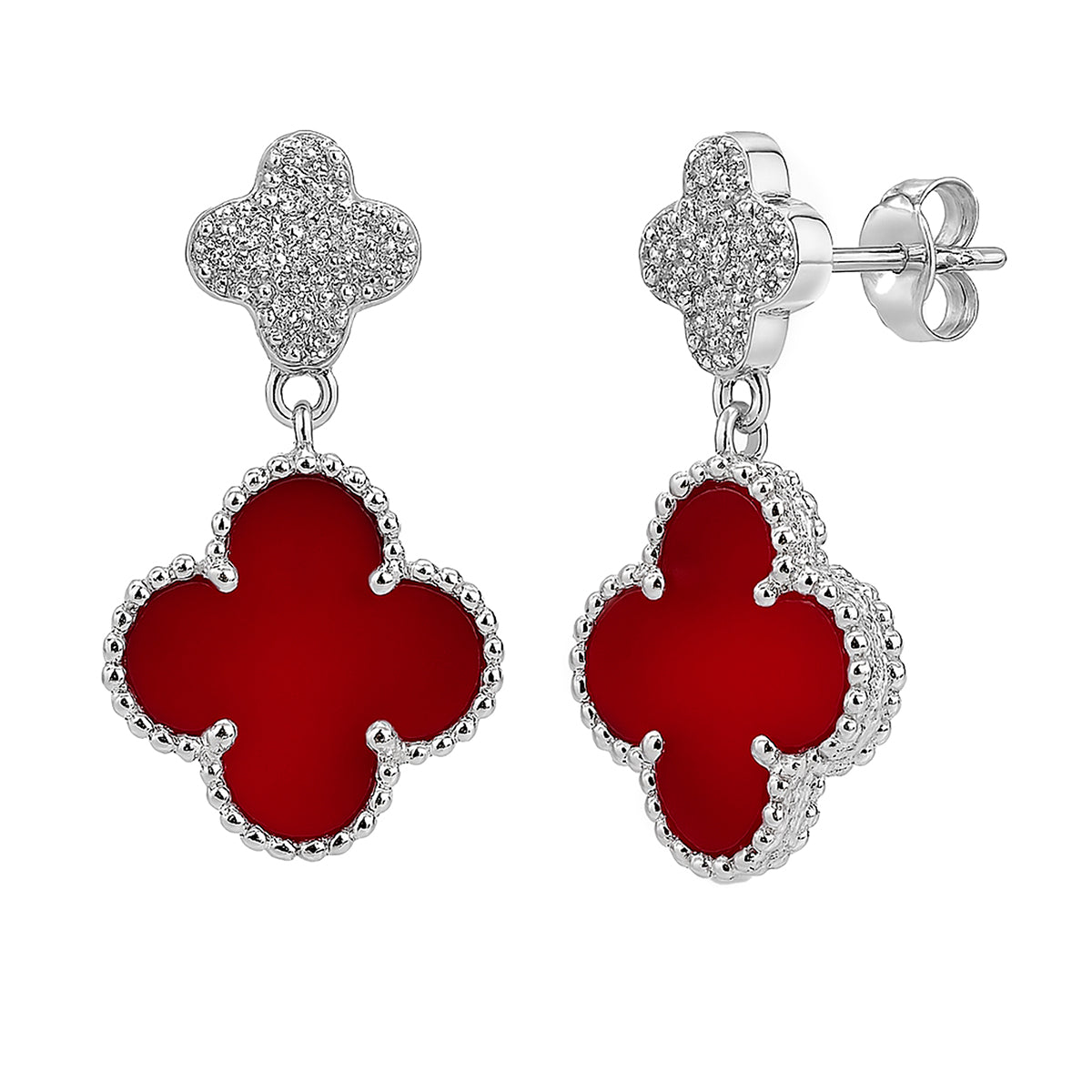 Arete Flor Mediano Inspirado Van C Diamantado con Piedras Naturales Plata .925 con Baño de Rodio