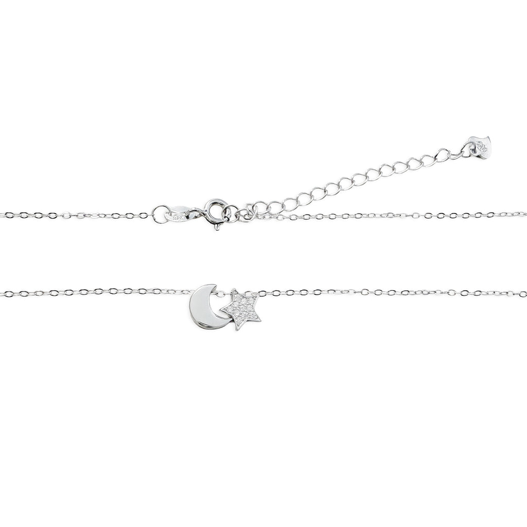Collar 2 Dijes Estrella con Micro Circonias y Luna Lisa Plata .925 con Baño de Rodio