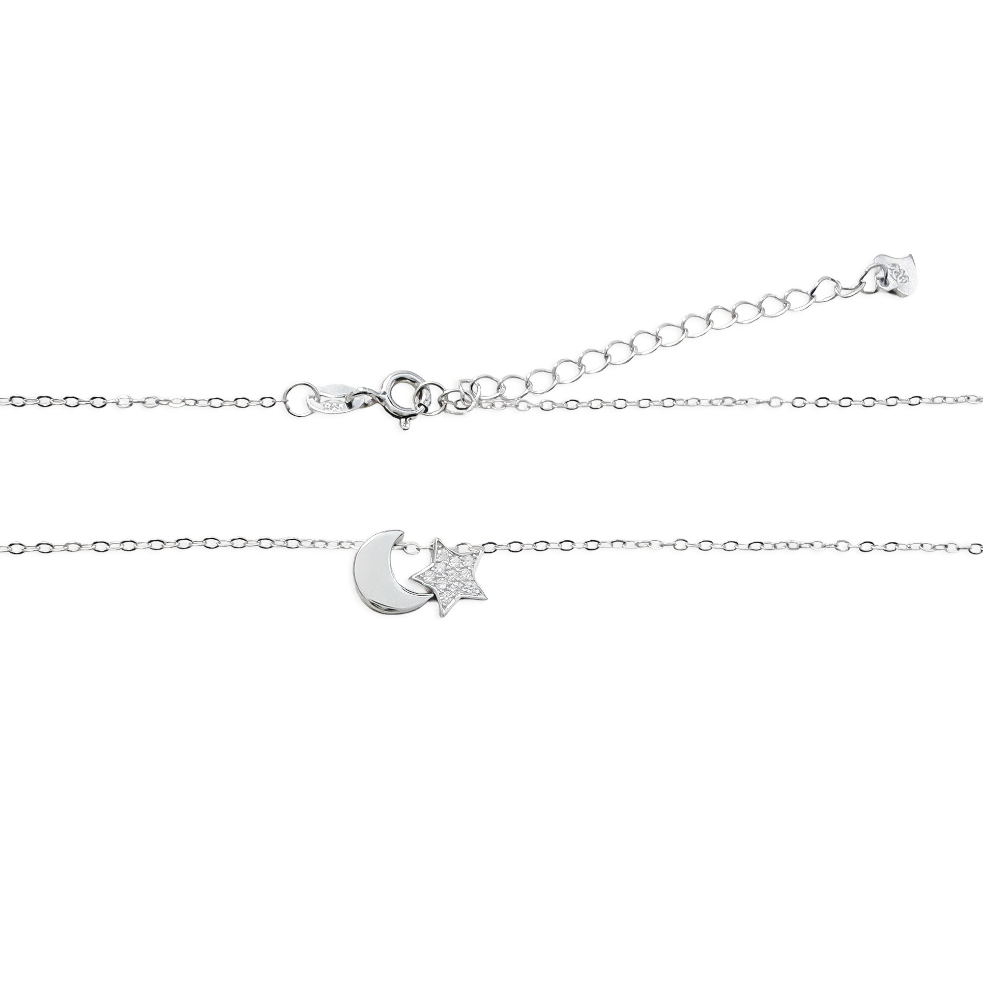 Collar 2 Dijes Estrella con Micro Circonias y Luna Lisa Plata .925 con Baño de Rodio