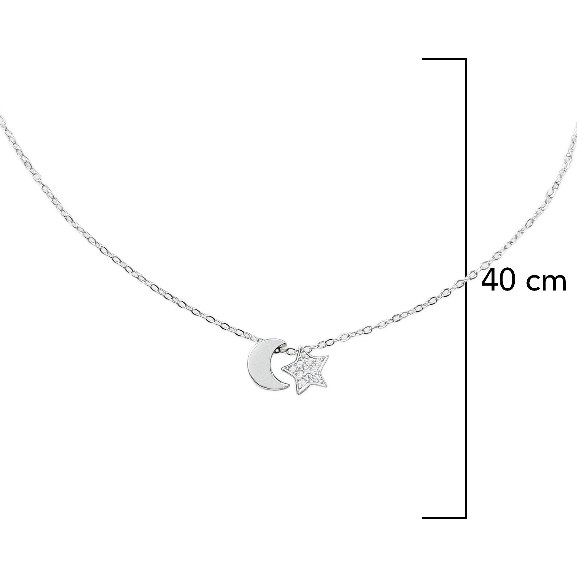 Collar 2 Dijes Estrella con Micro Circonias y Luna Lisa Plata .925 con Baño de Rodio