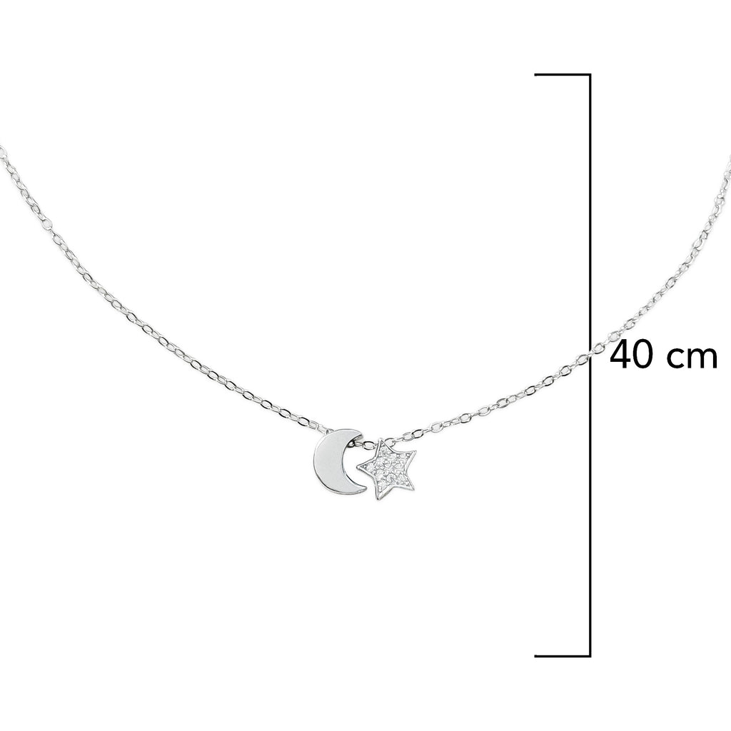 Collar 2 Dijes Estrella con Micro Circonias y Luna Lisa Plata .925 con Baño de Rodio