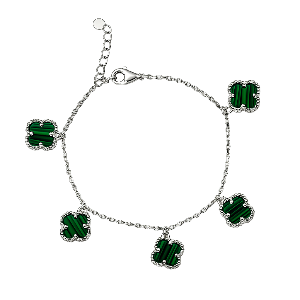 Pulsera 5 Flores Colgantes Inspirada Van C Malaquita Plata .925 con Baño de Rodio