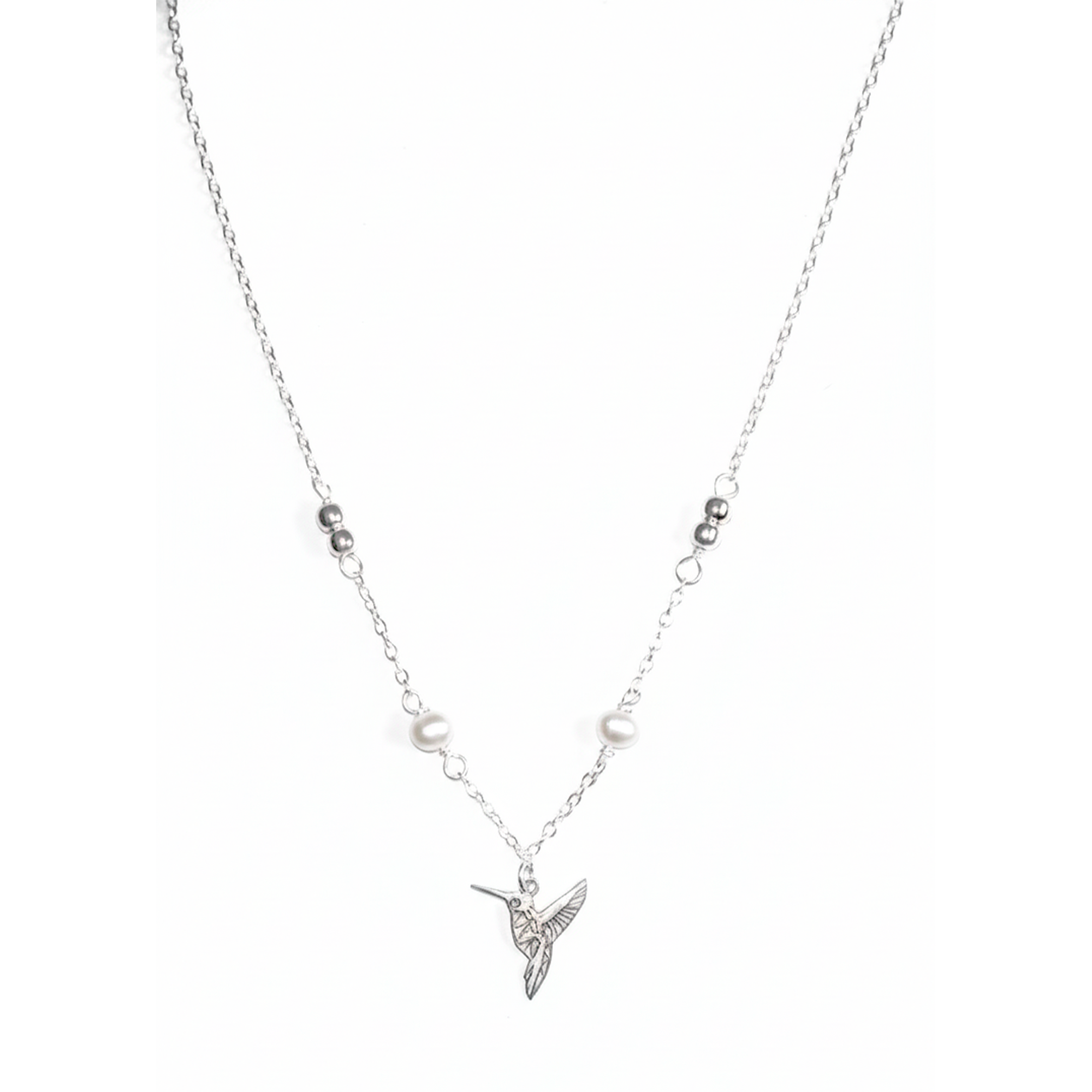 Collar Perla Natural con Dije de Colibri Calado y Cadena Eslabones Plata .925