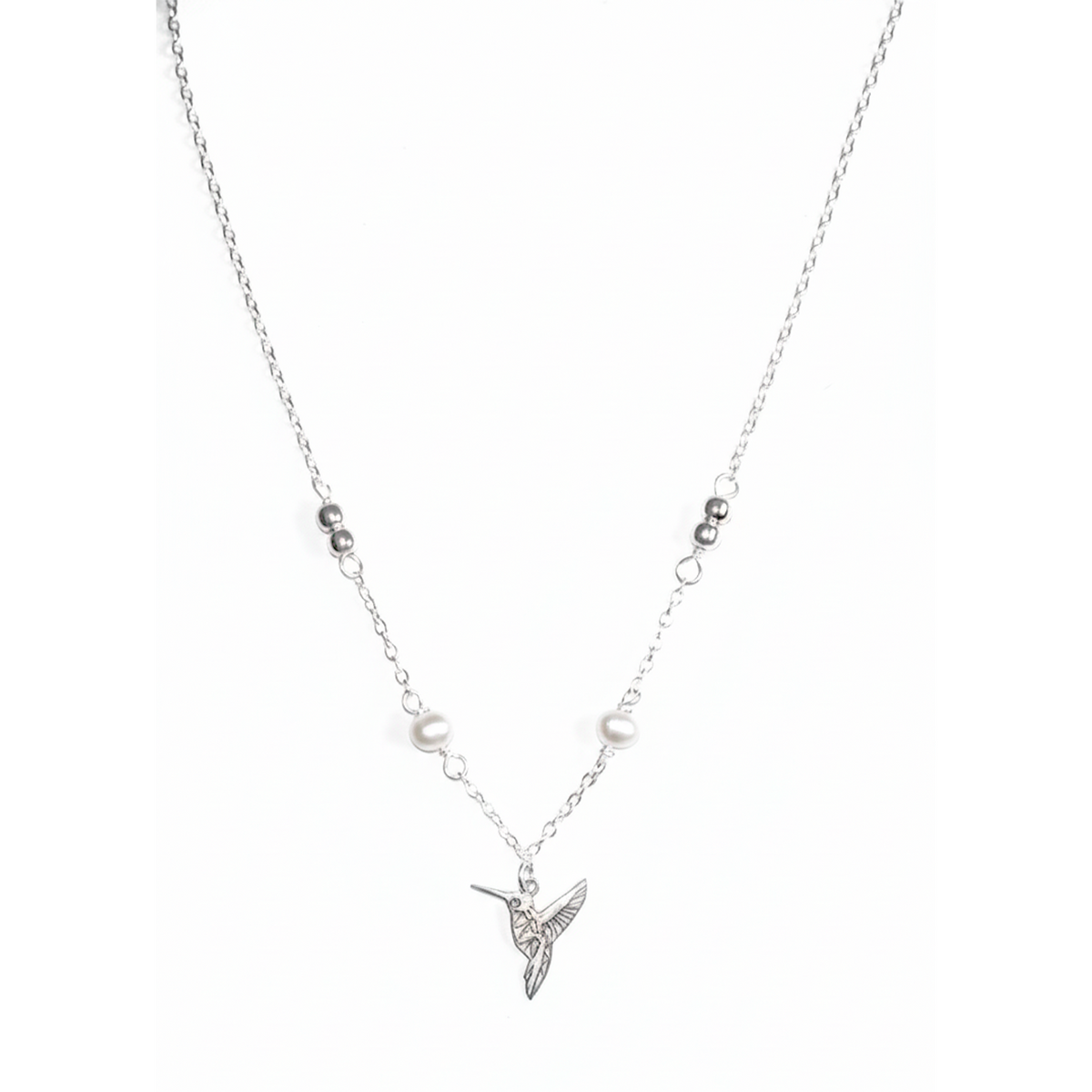 Collar Perla Natural con Dije de Colibri Calado y Cadena Eslabones Plata .925