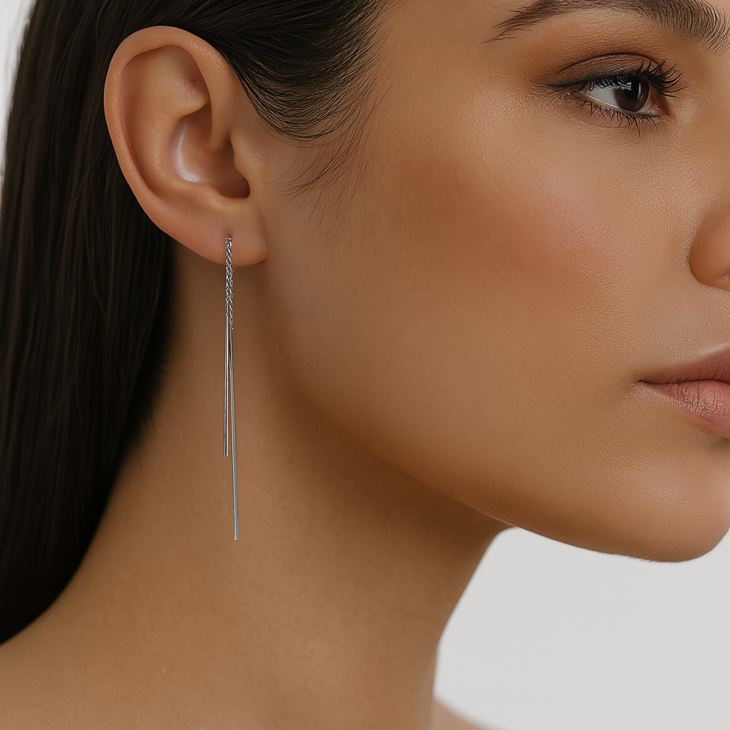 Arete Largo Estilo Violador con Tubitos Lisos Hecho a Mano Delgado Plata .925