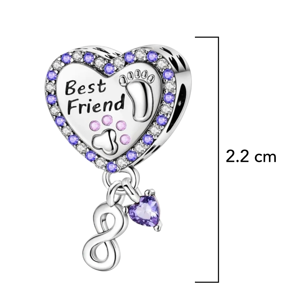 Charm Inspirado Pan 1:1 Corazón Best Friend Huellitas y Micro Circonias Plata .925