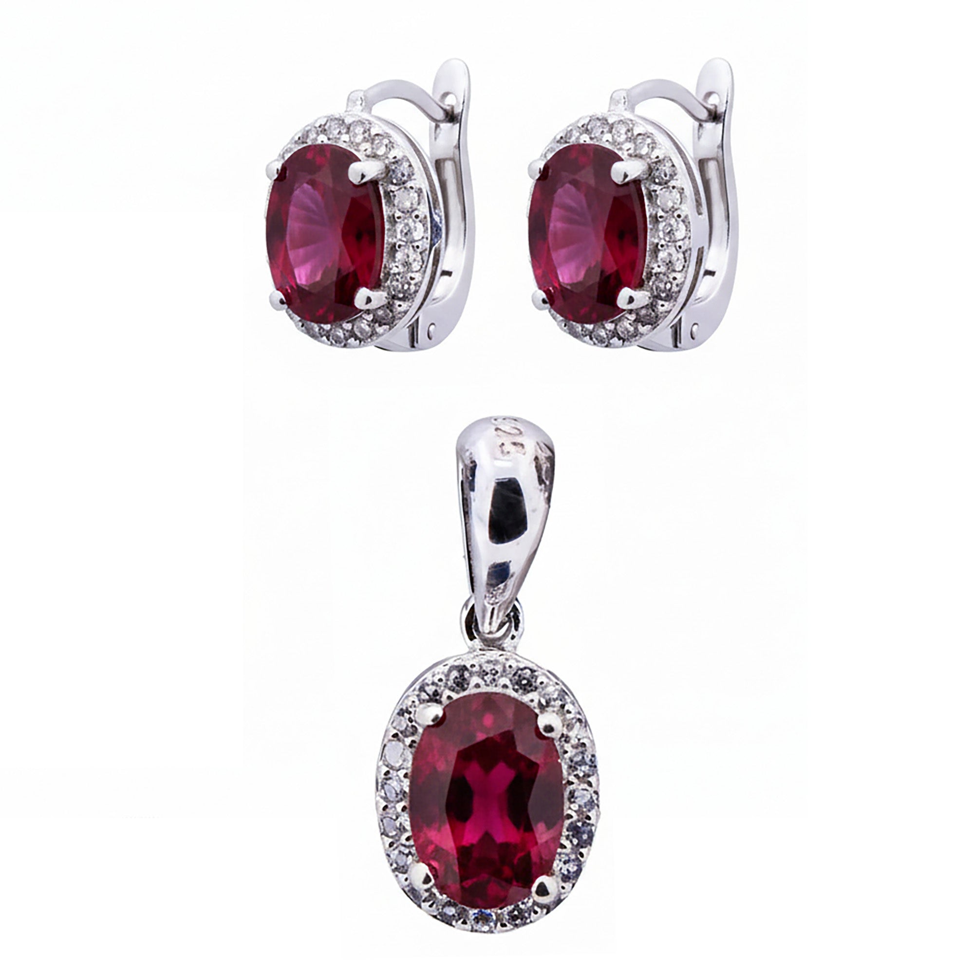 Juego Piedras Preciosas Rubí Aretes y Dije Ovalados, Plata .925 con Baño de Rodio